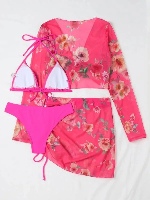 Traje de baño con estampado Floral para mujer, ropa de playa con cordón, falda envolvente con cordones, conjunto de Bikini de cuatro piezas para vacaciones, verano 2025