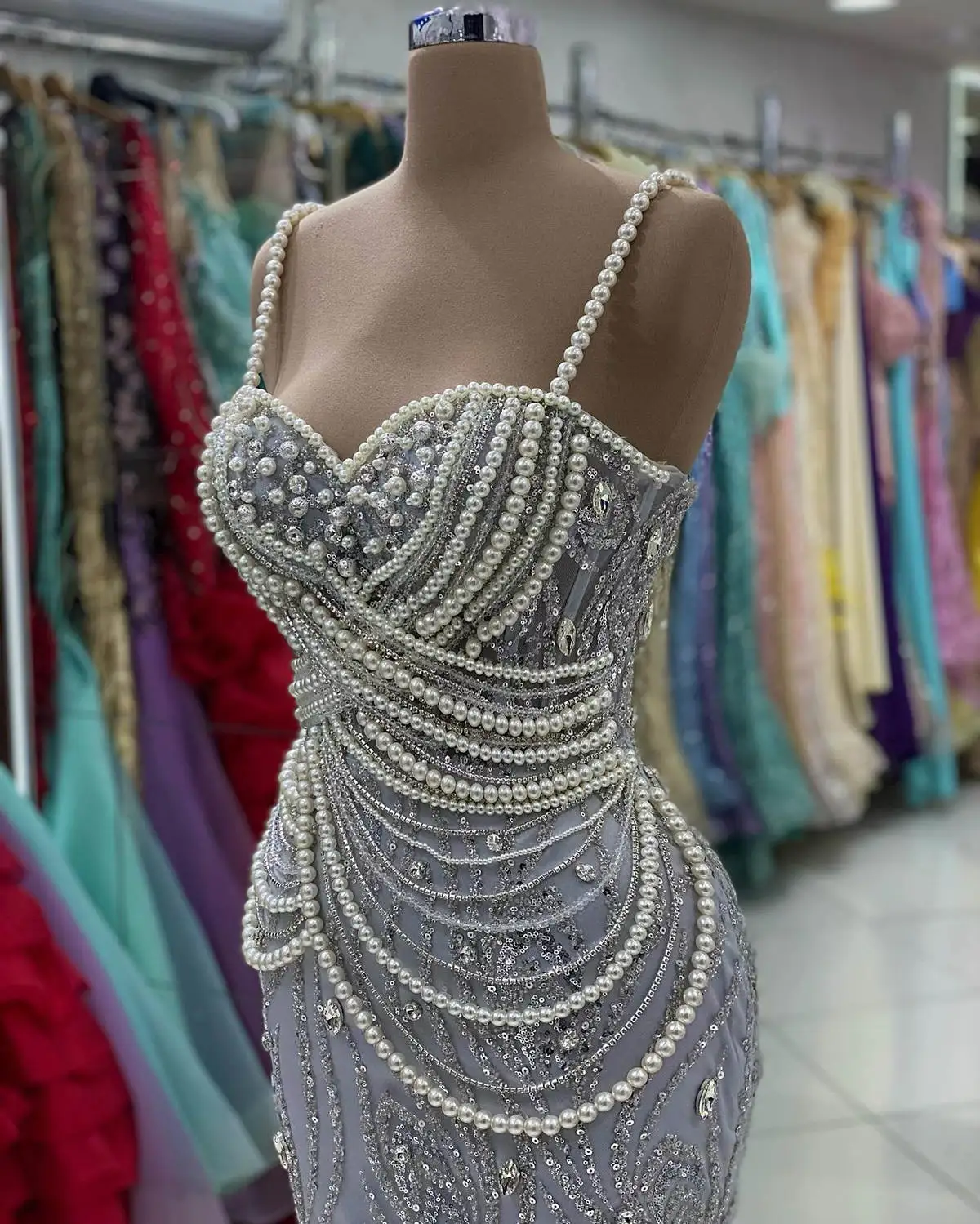 Big Pearls Mermaid Evening Dresses Crystal Beading Sequined Prom Gowns Custom Made Formal Special Occasion Dress