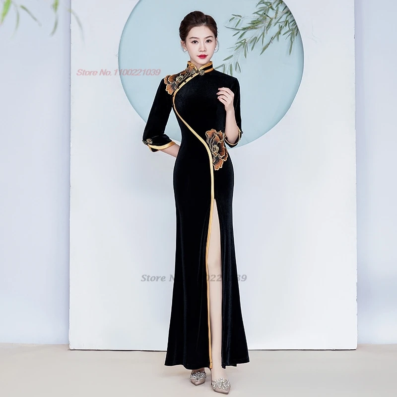 

2025 chinese vintage dress improved velvet cheongsam banquet evening dress national flower embroidery stage performance dress