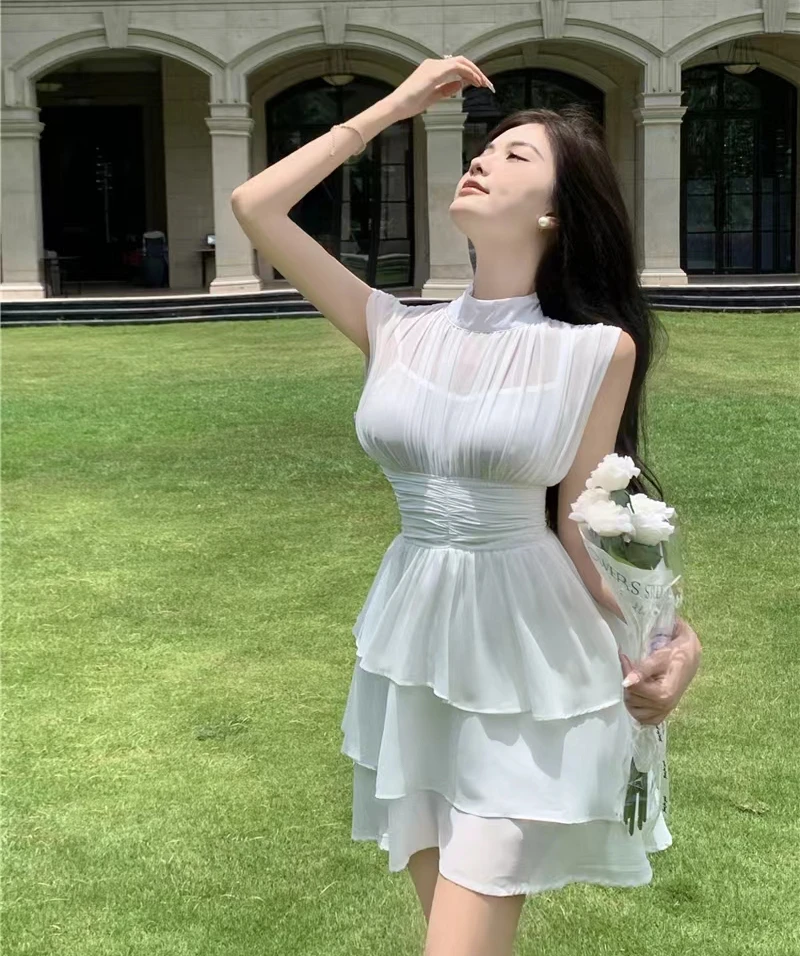 

Blue Sleeveless Chiffon Dress Women 2022 Summer Elegant Mesh Short Layered Ruffle White Chiffon Dress Girls Birthday Party Dress