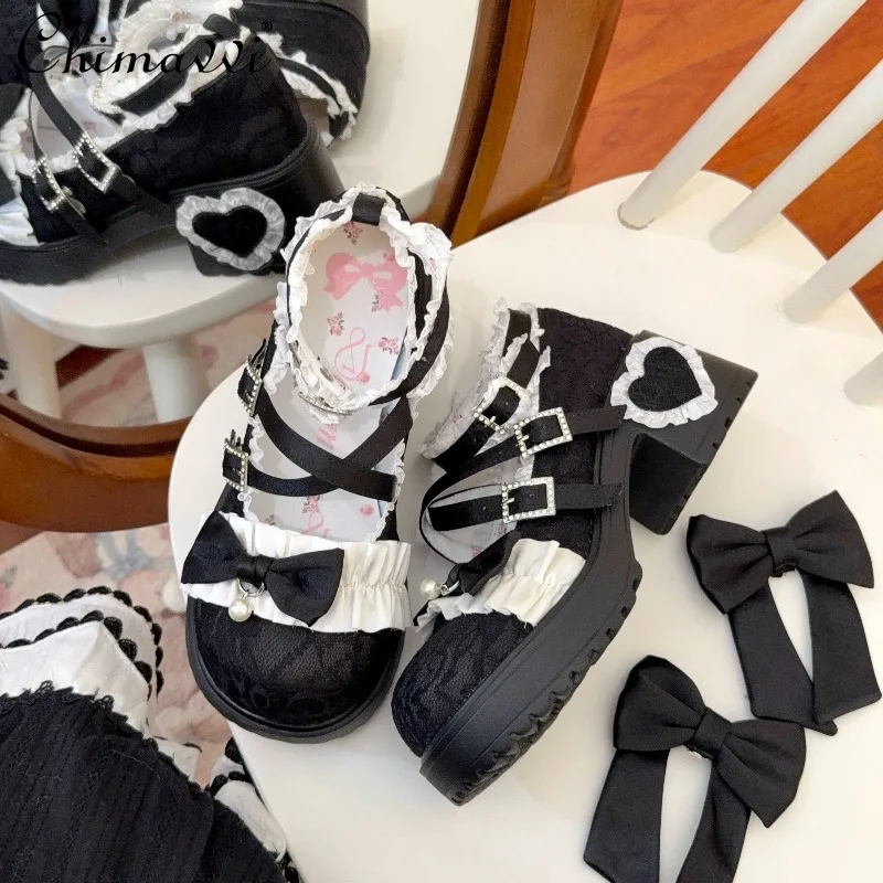 

Original Japanese Style Chunky Heel Lace Mary Jane Women's Shoes Cute Girls Kawaii Bowknot Princess Mid-heel Shoes Pumps