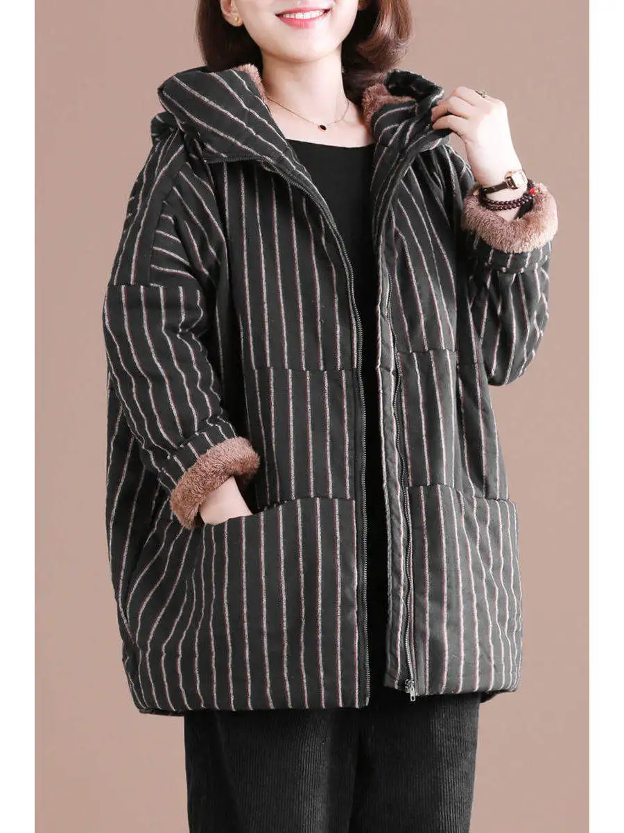 

plus Size Women's Autumn Winter New Fce Lined Hooded Cotton Jaet Artistic Stripe Loose Outerwear Versatile Commute Sle
