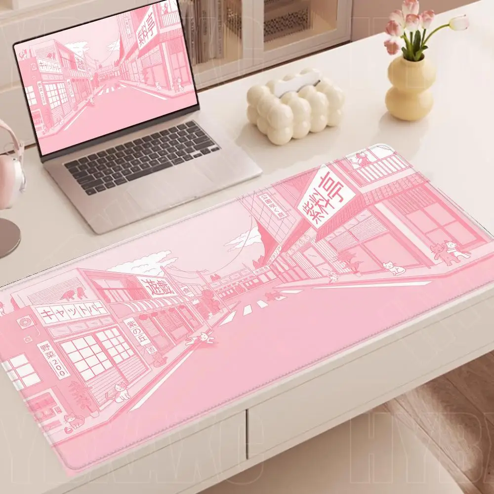 

Kawaii Pink Street Desk Mat Cute Pastel kawai anime cats Mousepad tokyo street japanese alley large gaming deskmat XL mouse pad