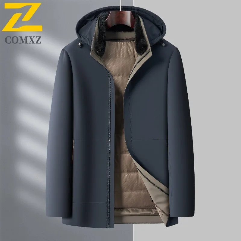 COMXZ High Quality Mens Long Down Jacket Hooded Outdoor Office Lightweight Puffer Jackets Luxury Business Windproof Winter Parka
