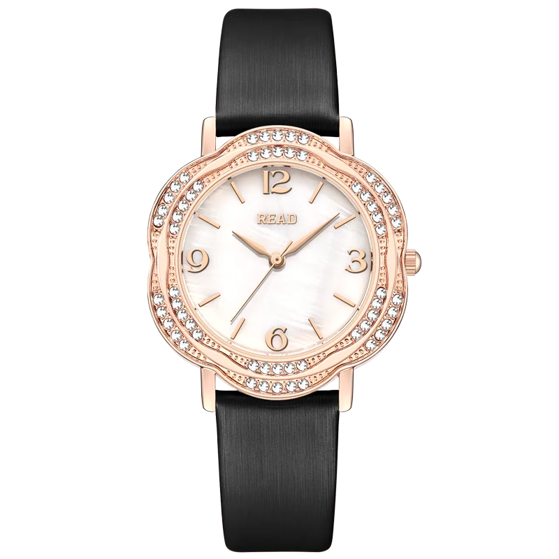 Ladies Analog Wrist Watch | Flower‑Shaped Rose‑Tone Case | Sparkle Bezel | Black Textured Band | Daily Water Resistant Watch
