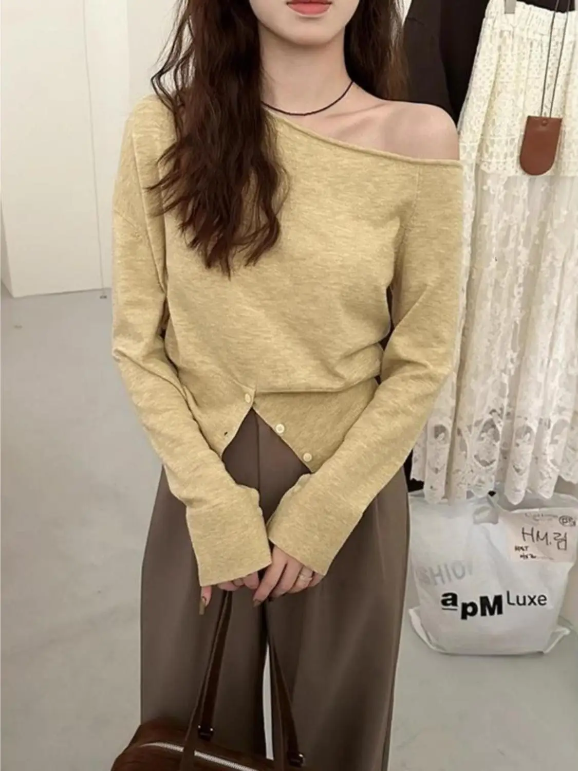 

Korean Sle Lazy Gentle One oulder Slant Knitted Sweater Women's Autumn New Irregular Slit Long Sve Top Faionable Ver...