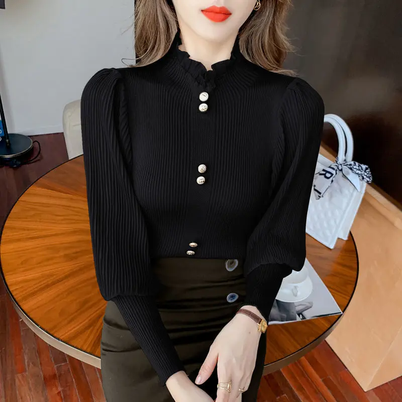 Temperament Autumn Sweaters Women\'s Mock Neck Solid Button Chiffon Patchwork Lantern Sleeve Fashion Slim Long Sleeve Knit Tops