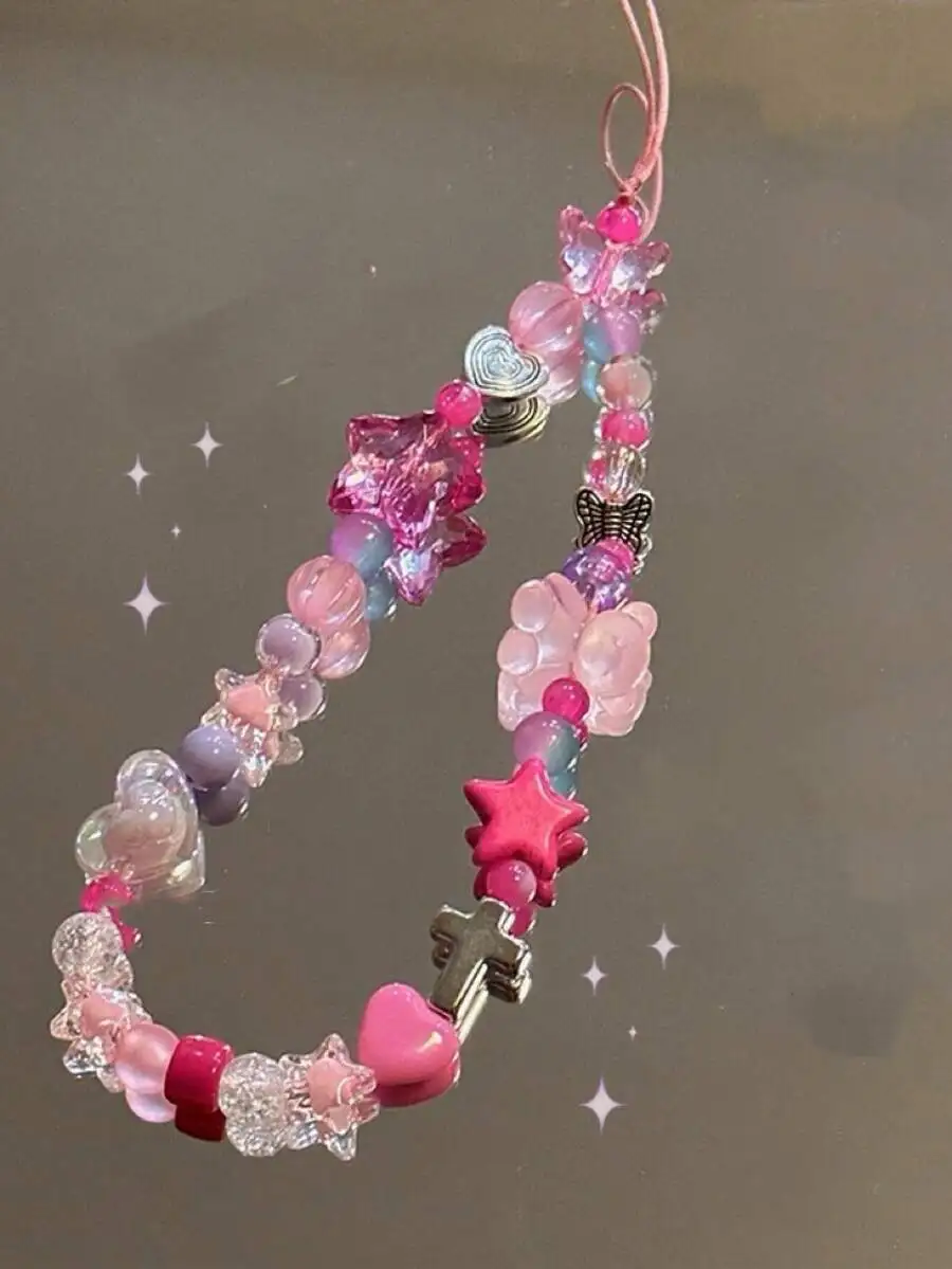 

Handmade Y2K Pink Star Beaded Phone Chain Lanyard Charm For Adults