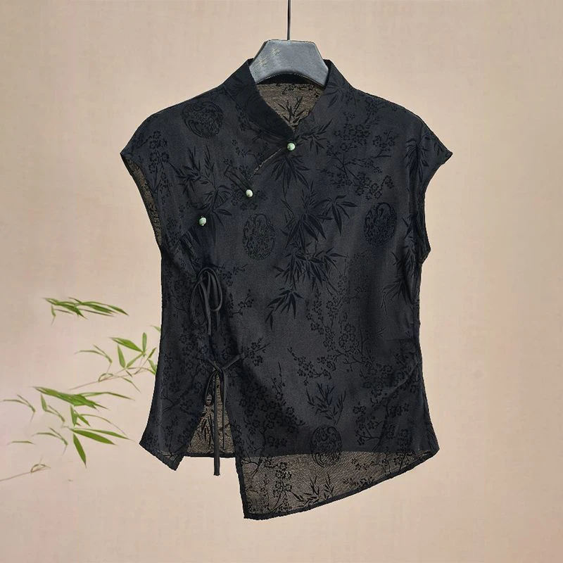 Women Chinese Style Improved Cheongsam Tops Temperament Jacquard Short Sleeve Qipao Tops Summer Retro Thin Shirts