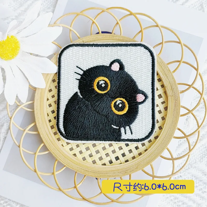 Cute Funny Black Cat Patches For Clothing Kids Square Self-adhesive Embroidery Patch Applique On Jeans DIY Phone Case Sweing