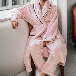 Coral Fleece Couple's Pajamas Women Men's Autumn And Winter New Nightgown Jacquard Comfortable Velvet Warm Bathrobe Home Wear