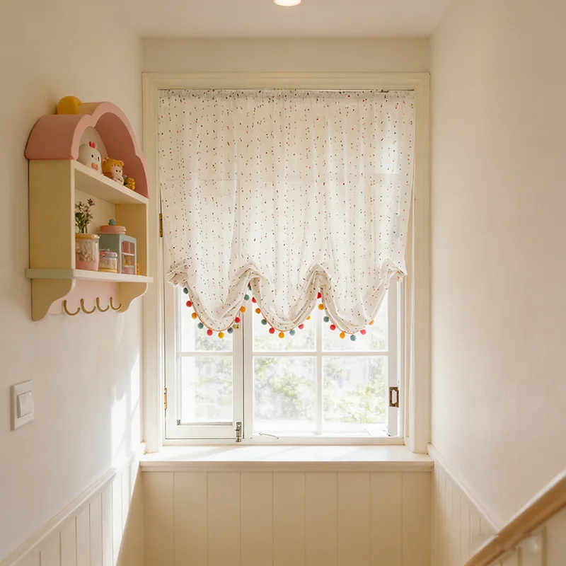 Image of Transparenter Vorhang im französischen Stil mit Regenbogen-Kugel-Quasten-Spitze, lichtdurchlässig, verstellbare Fenstervorhänge für Wohnzimmer, Schlafzimmer, Balkon