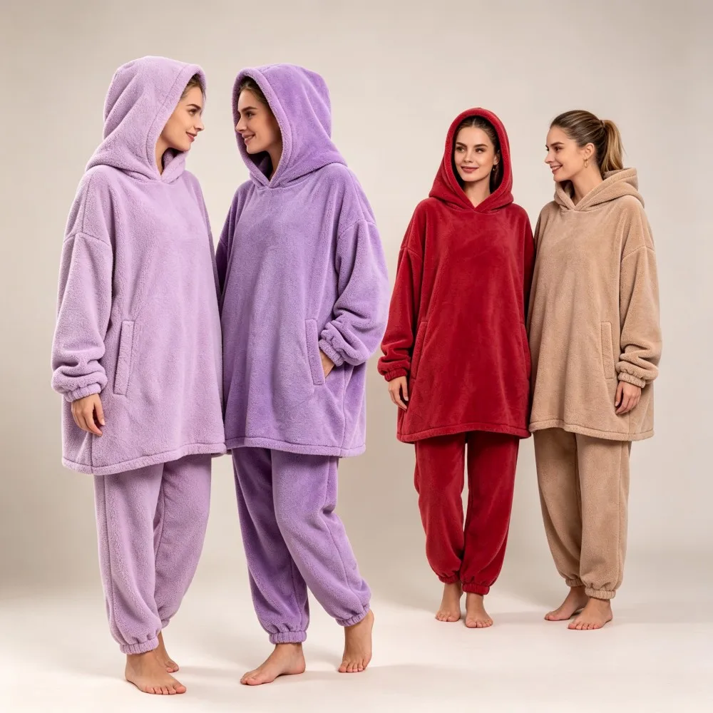 Plus Size Woman Clothing Sets Winter Warm Flannel Thick Soft Cozy Clothes Suits Women Oversized Hoodies+Pants 2pcs Pajamas