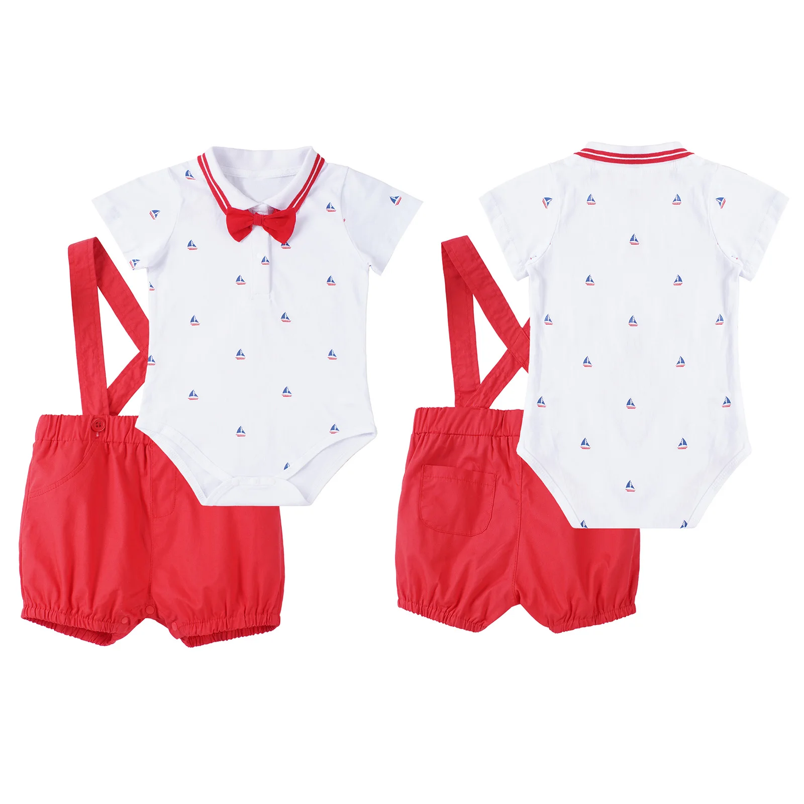 

Newborn Baby Short Sleeve Turndown Collar Christening Romper with Suspender Shorts Cute Bowknot Print Baptism Costume for Party