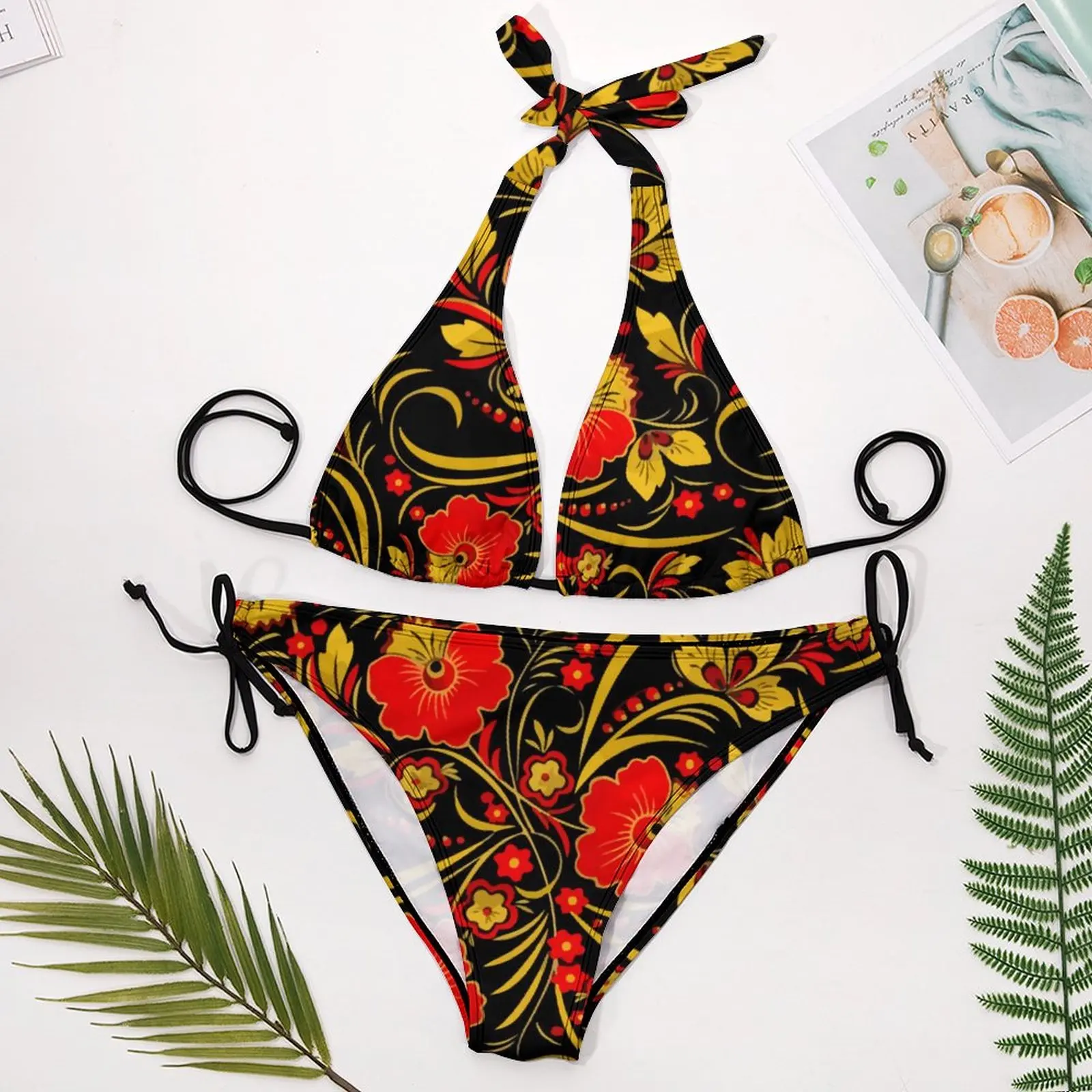 Rote Blume Bikini Set Sexy Retro Floral Print Bikini Badeanzug Fitness Bondage Bademode Stilvolle Badeanzüge Bademode Plus Größe 3XL