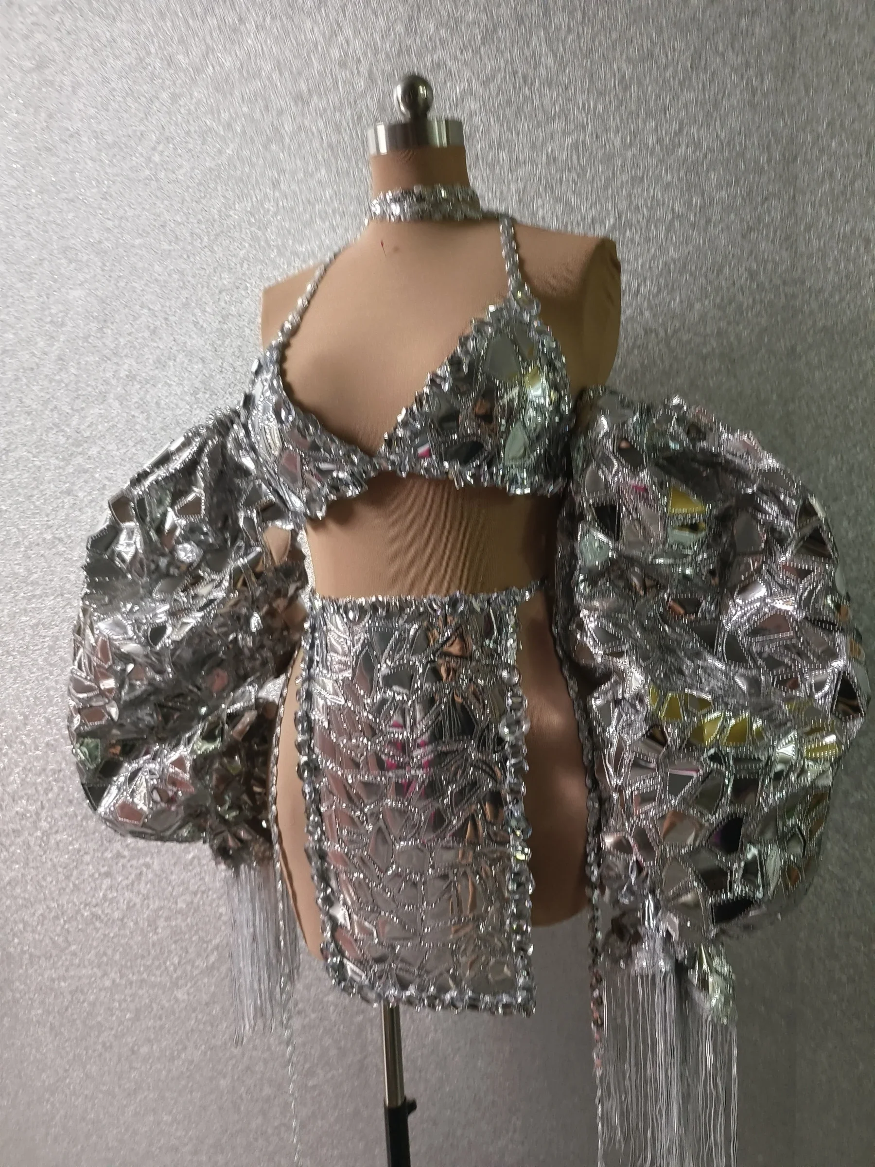 Sexy Shining Silver Laser Glitter Bubble SleevesBirthday Celebrate Lacing Outfit Party CostumeDancer Performance Show Suit  B166