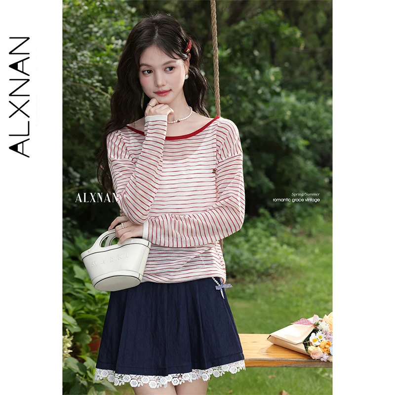 

ALXNAN Plus Size T-shirt Red Striped Thin Sunscreen Blouse Summer Loose-fit Casual Office Lady Long Sleeve Tops Female D11901