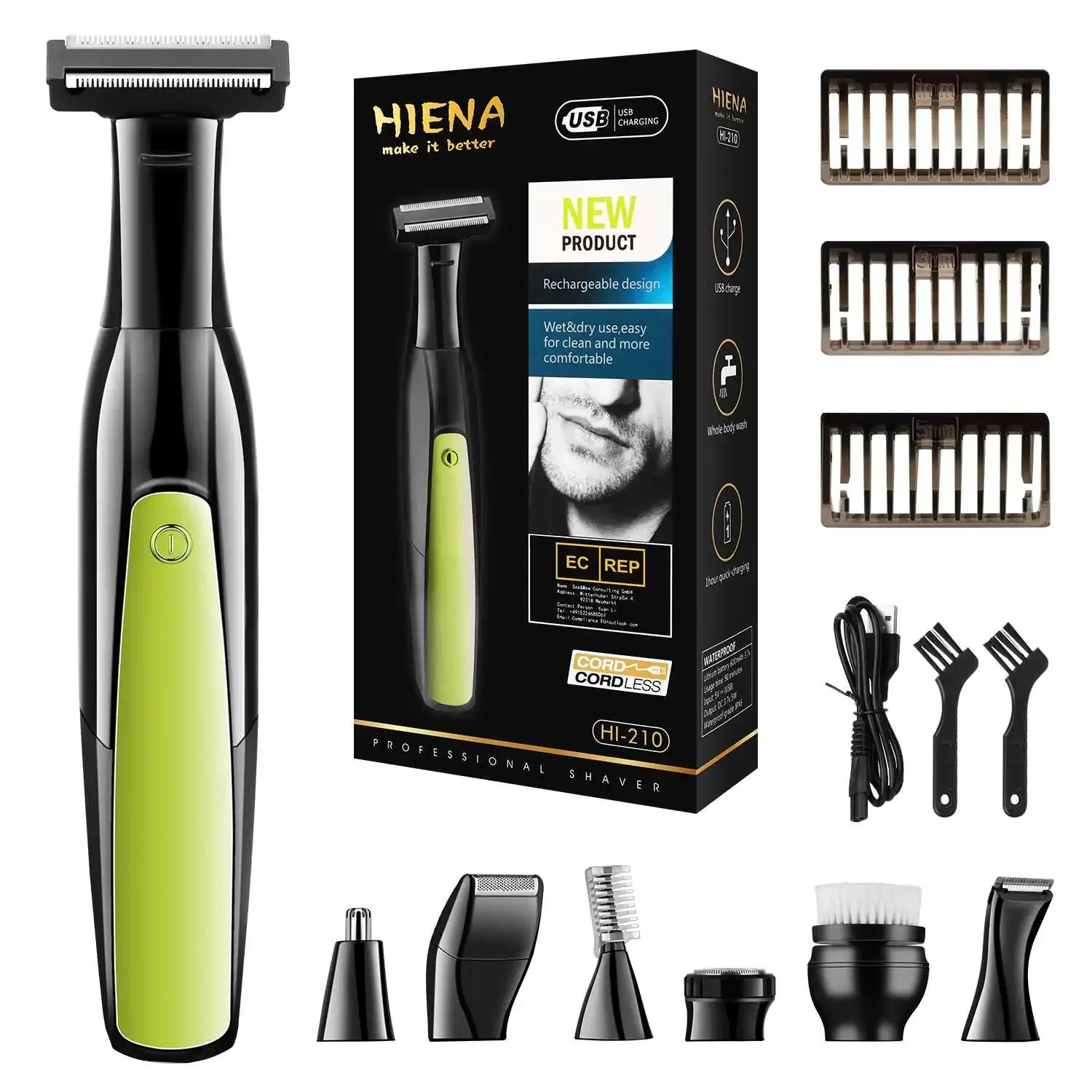 HIENA Hyn-210 Replaceable Safety Razor Classic Hair Remover for Men and Women 7-head Facial Beard Shaver Hair Trimmer