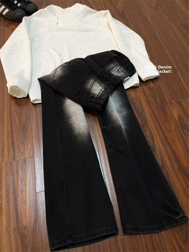Washed Black Gradient  Jeans Men Women Straight Leg Slimming High Street Knife  Flared Long Trousers