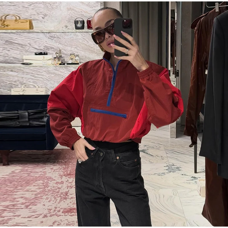 Contrast Color Fashion Wind Jacket Turn Down Collar Zipper Elastic Cuff Hem Long Sleeve Windproof Coat 2026 Autumn Women Coats