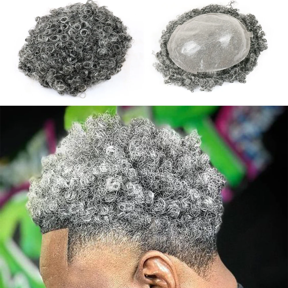 Afro Curly #1b40 Gray Hair Toupee 15mm Indian Remy Human Hair Hairpiece 0.06mm Micro Skin V-loop Hair Replacement For Old Men