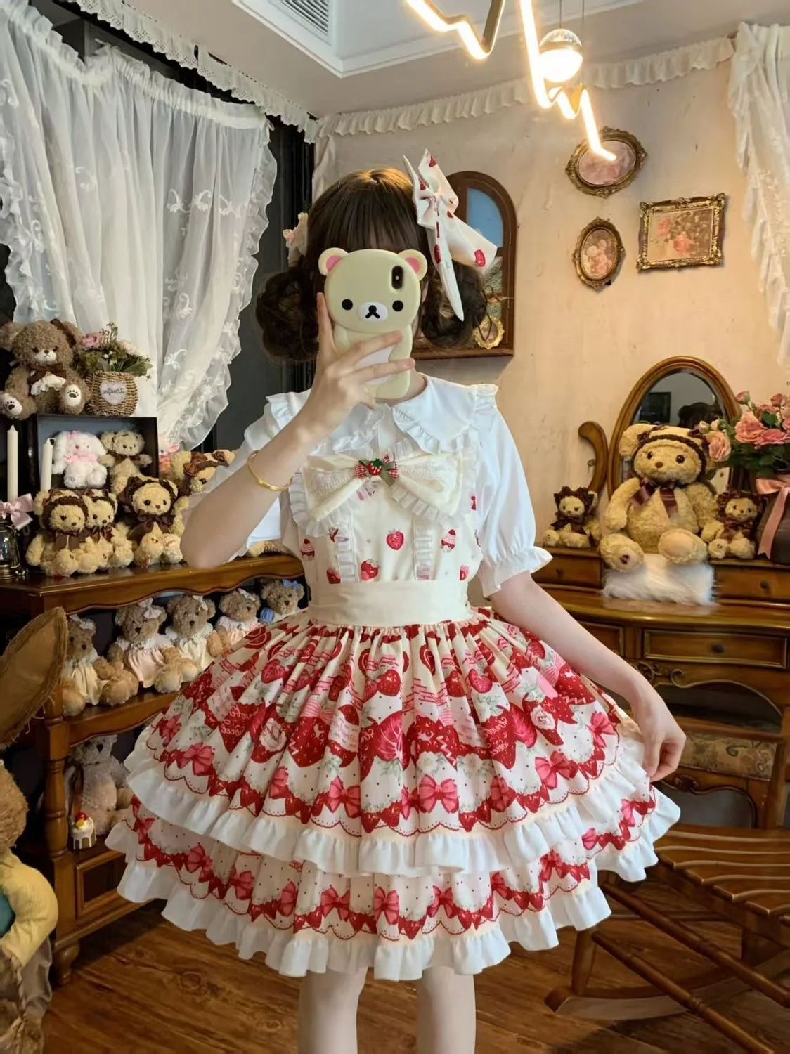 Japanese Kawaii Lolita Strap Dress Strawberry Double-layer Cake Hem Cute Ruffles Print Bow Girls Sweet Tea Party Princess Women