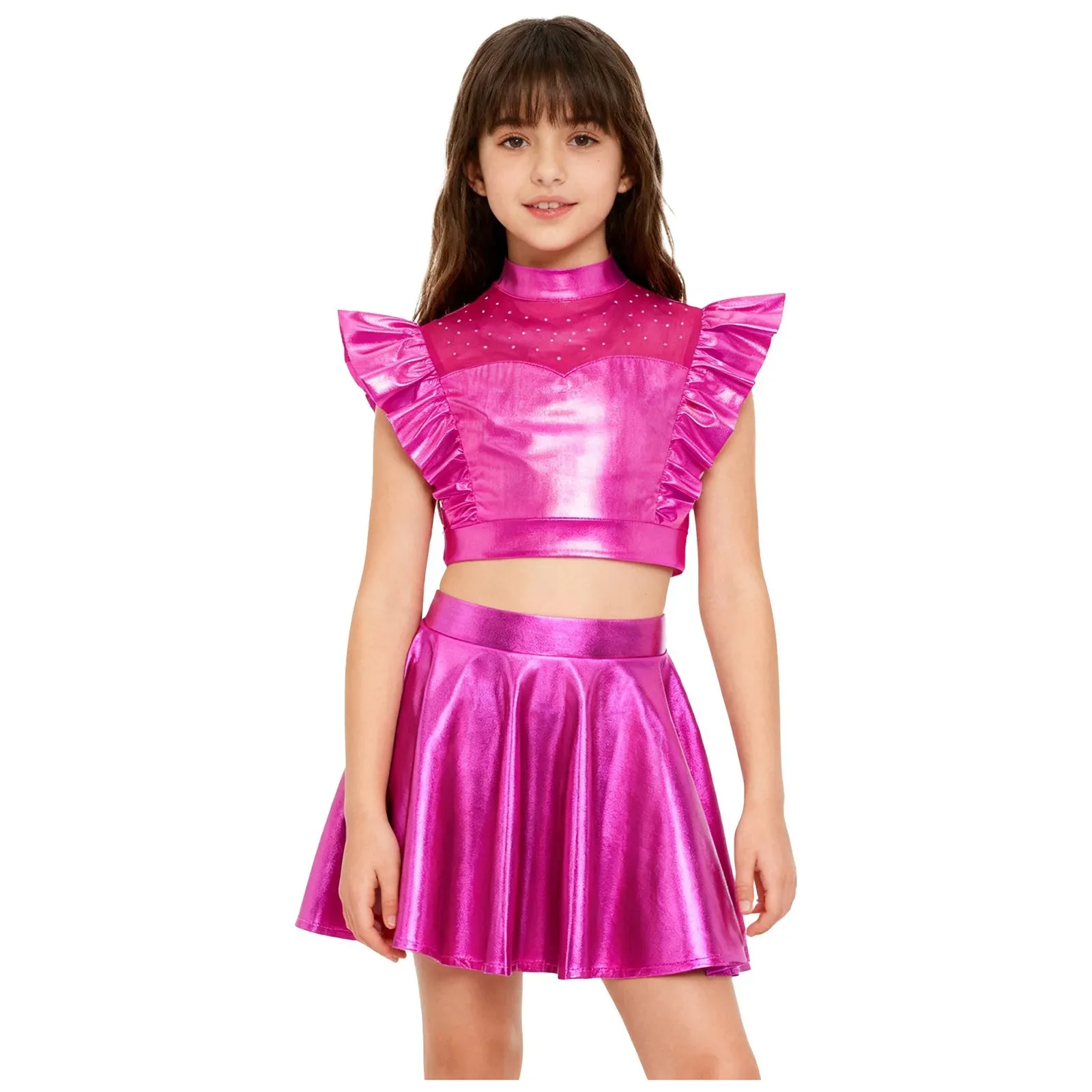 

Kids Girls Metallic Jazz Dance Performance Outfit Modern Cha-cha Sets Sheer Mesh Patchwork Sleeveless Crop Top with Flared Skirt