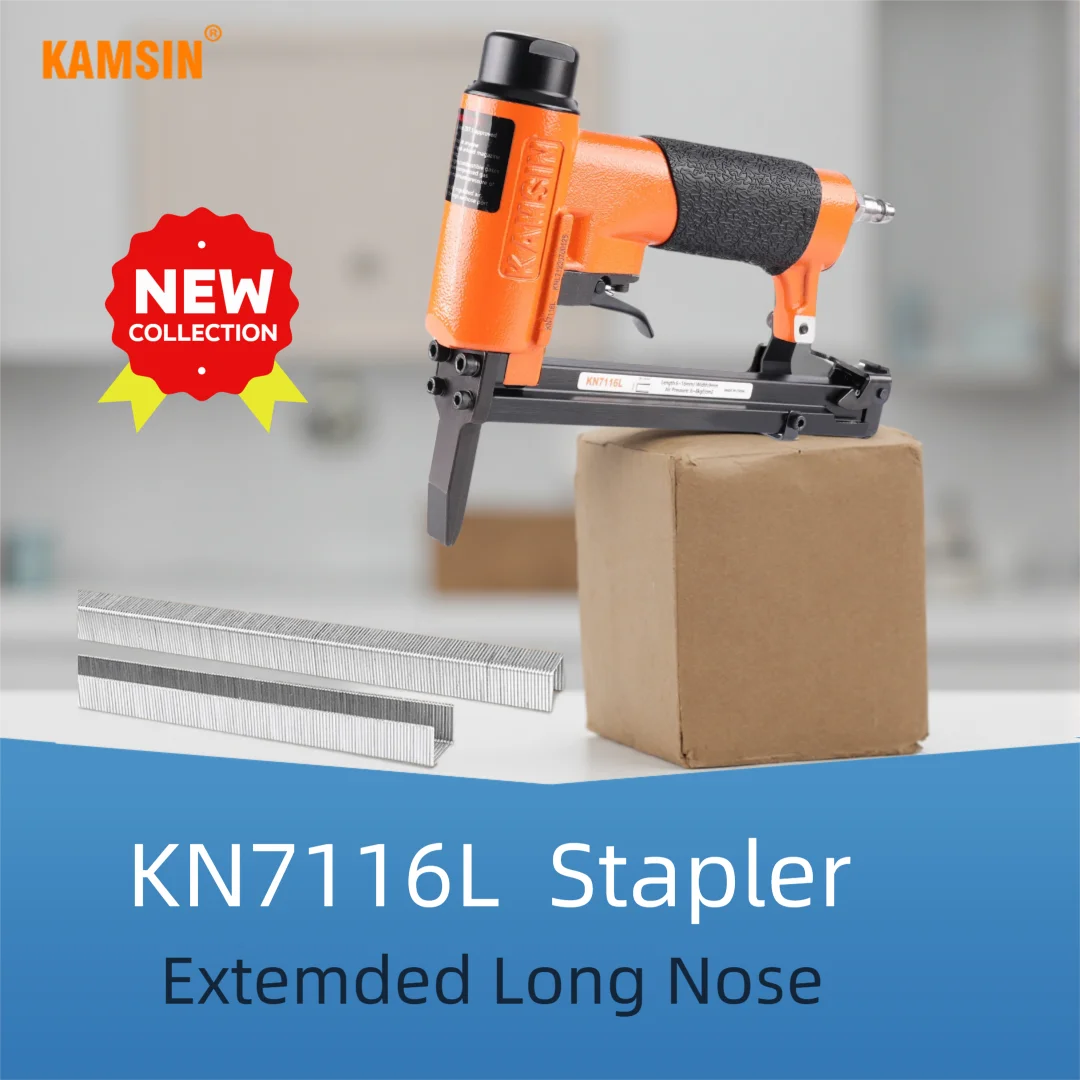 

Степлер пневматический KN7116L, 22 калибр, с удлиненным длинным носиком, для тонкой проволоки, для производства мебели, серия 71/80, степлер для обивки 1/2 дюйма, 3/8 дюйма