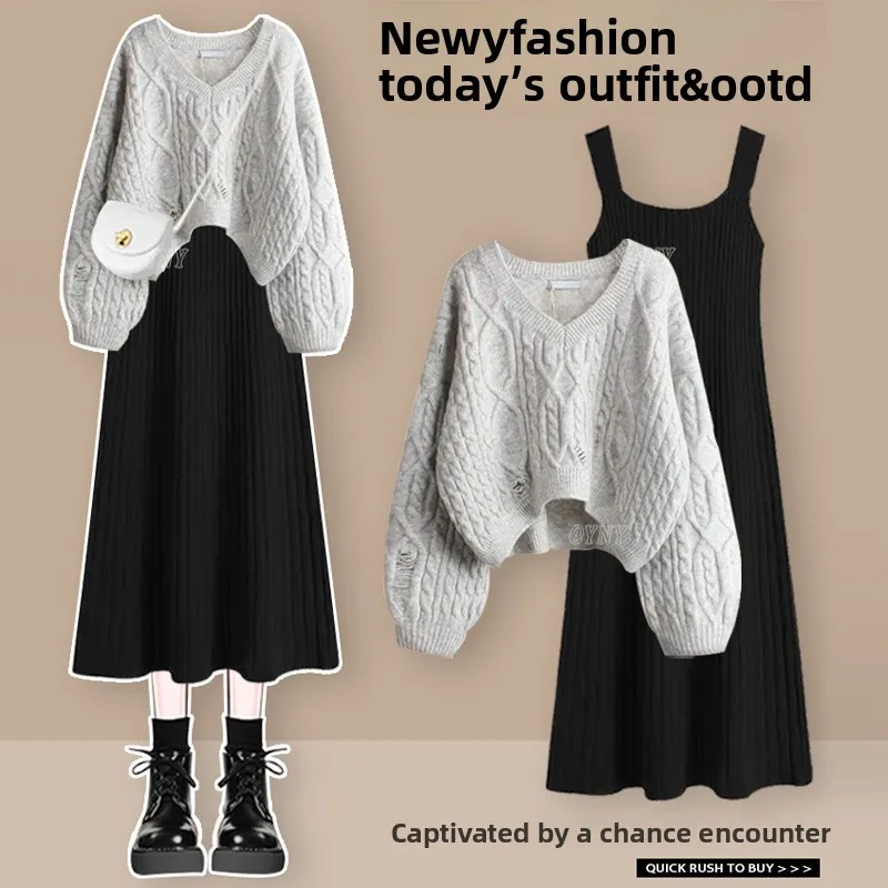 

Faionable V-Ne Long Sve Knitted Sweater Women's Autumn New Design Hole Design Slimming Dr Two-Piece Set Sweet Sle