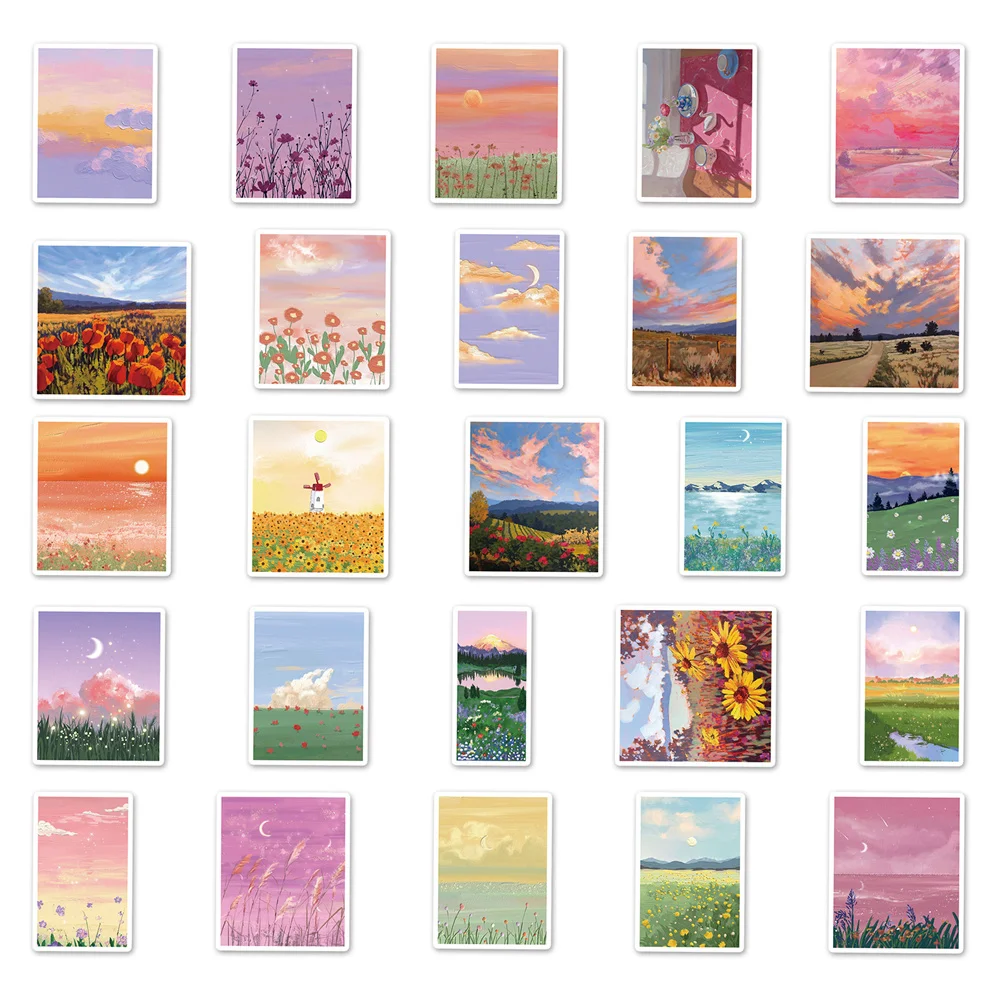 10/30/50PCS Cartoon Landscape Oil Painting Small Fresh Personality Creative StickerPhone Skateboard Waterproof Sticker Wholesale