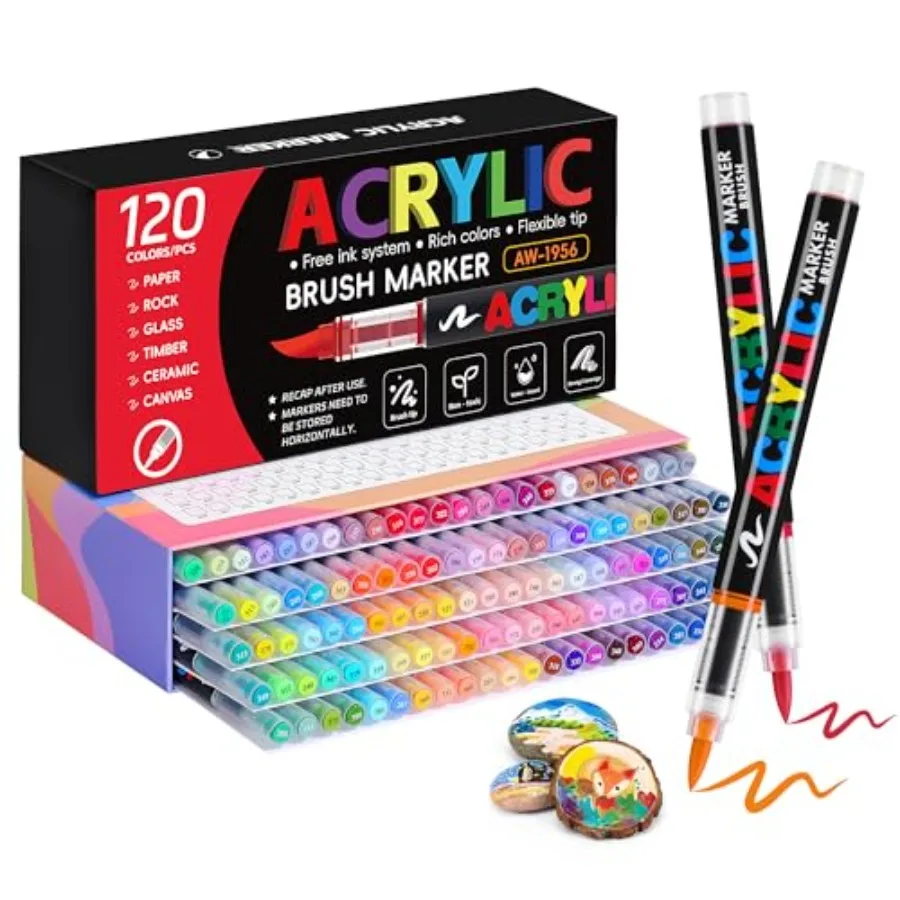 

120 Colors Acrylic Paint Markers, Water-Based Paint Pens with Auto Ink Control and Brush Tip - No Bleed on Rock Painting, Canva