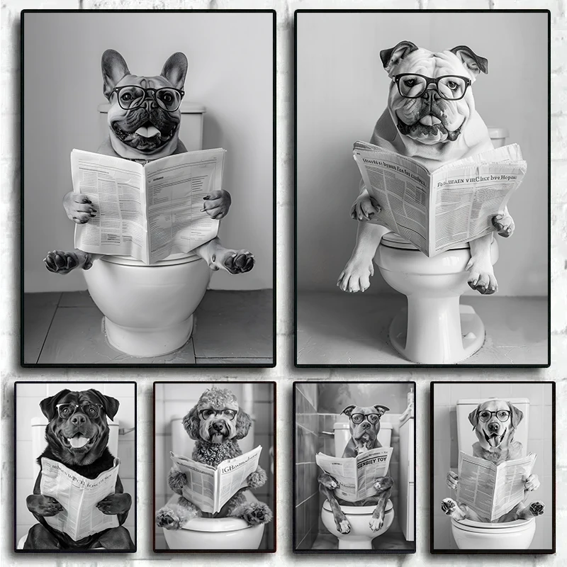 Black and White French Bulldog Sitting on Toilet Poster Corgi in Bathtub Canvas Painting Wall Art Print Picture Bathroom Decor