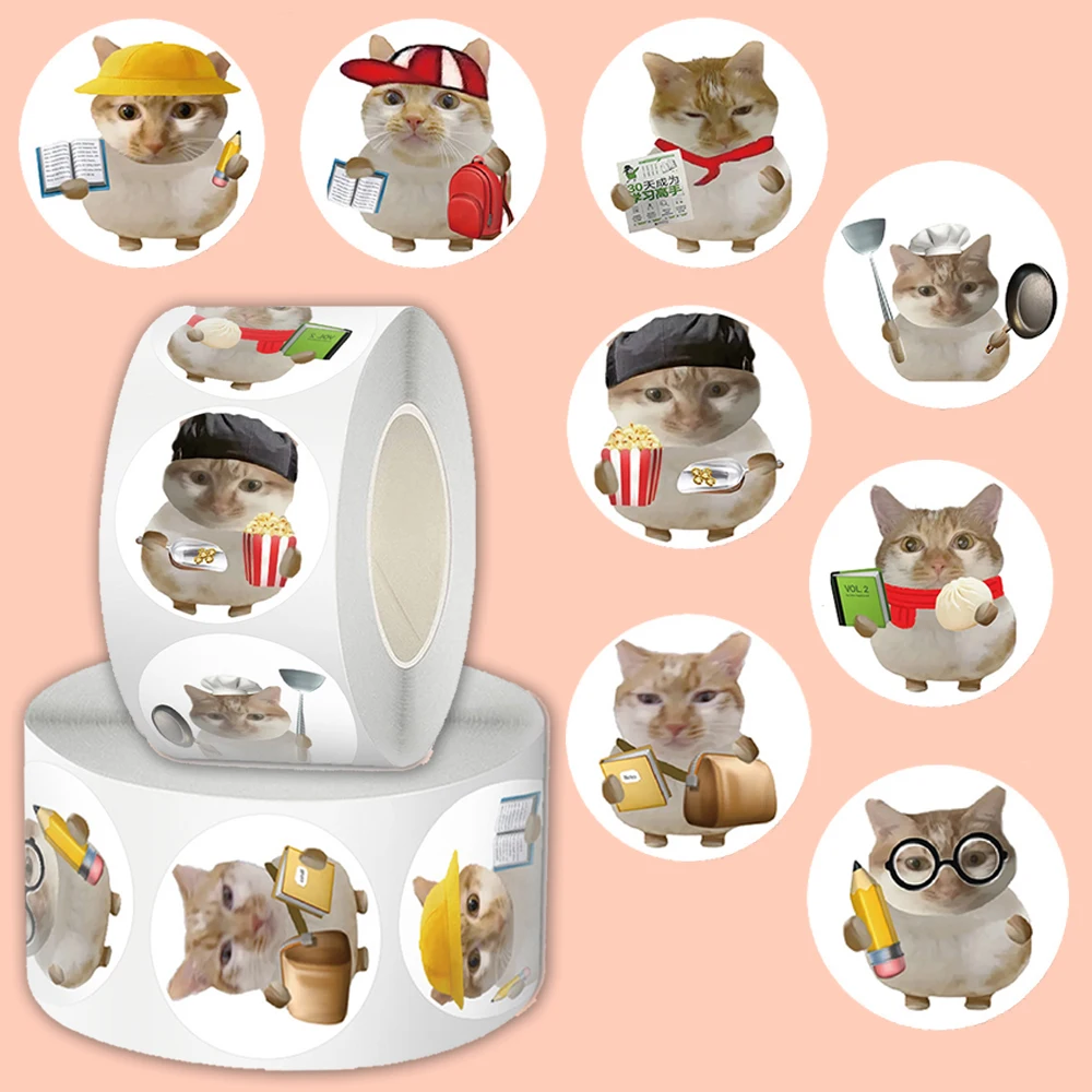 

500pcs Funny Animal Starting School Cat MEME Stickers Roll Cute Cartoon Sealing DIY Laptop Decoration Sticker Kid Reward Gift