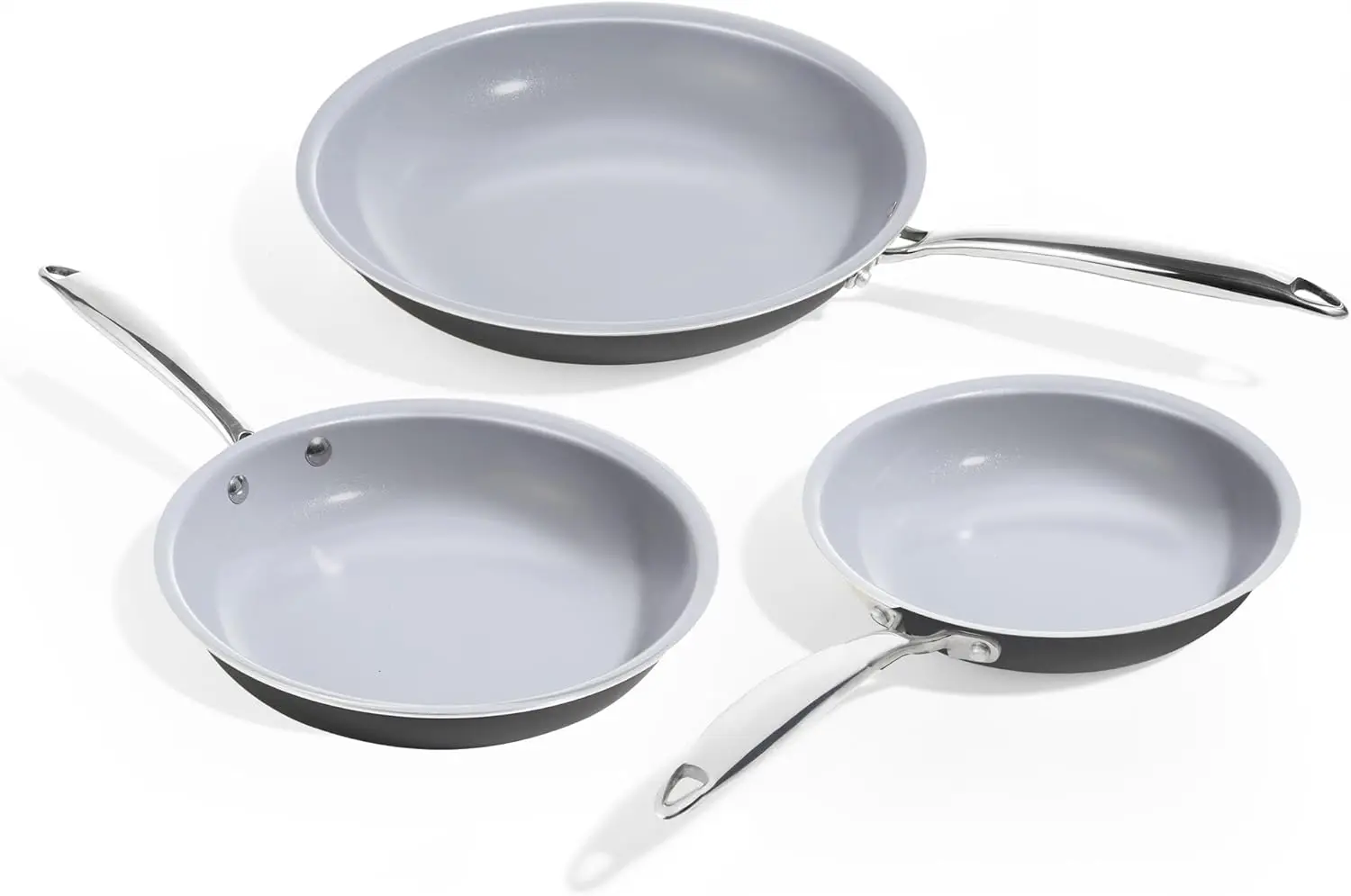 

Non-Stick Ceramic Frying Pan Set, Titanium Coated Skillets 8" 9.5" 11", Cool Handle, PFAS-Free, Dishwasher & Oven Safe in Grey