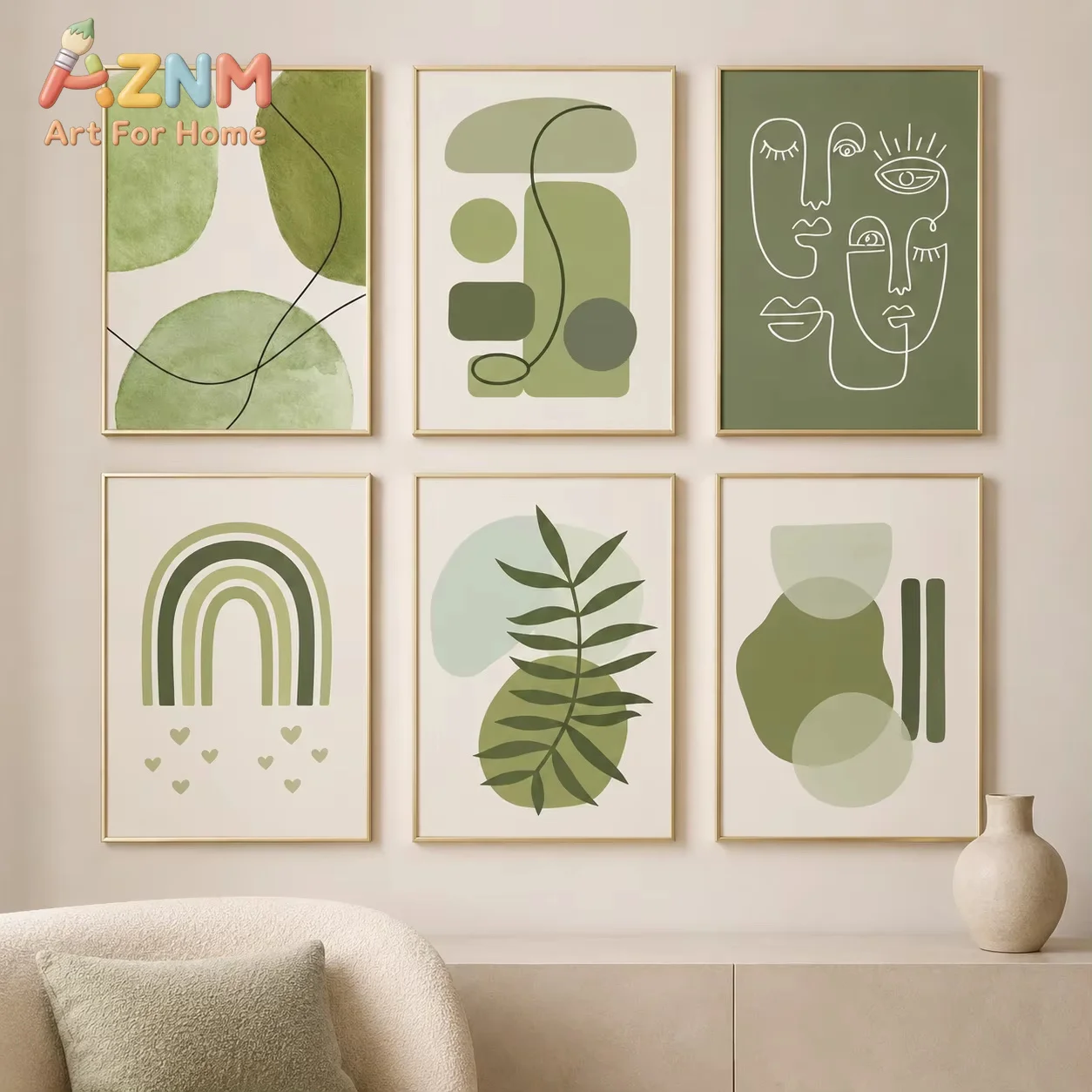 Sage Green Abstract Line Art Canvas Gallery Wall Prints Minimalist Geometric Leaf Face Wall Art Boho Neutral Modern Home Decor