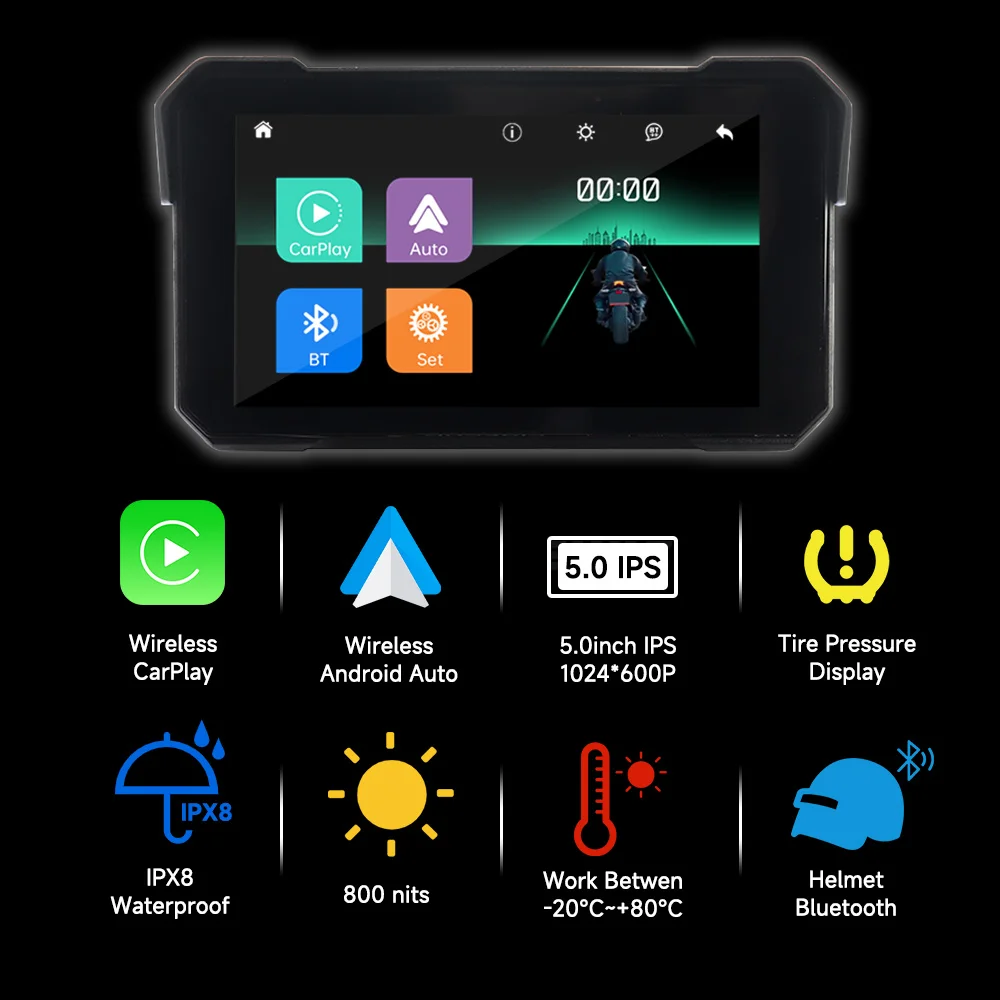 Portable 5 inch IP67 Waterproof Motorcycle GPS Navigation Screen Apple Wireless Carplay Android Auto Bluetooth TPMS