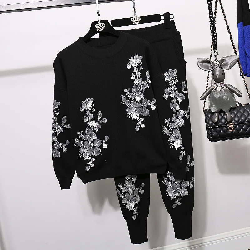 

Fashion Manual Sequins Flowers Knitted Tracksuit Set Women Pullover Sweater Pencil Pants Outfits Loose Knitting Suit Female 2pc