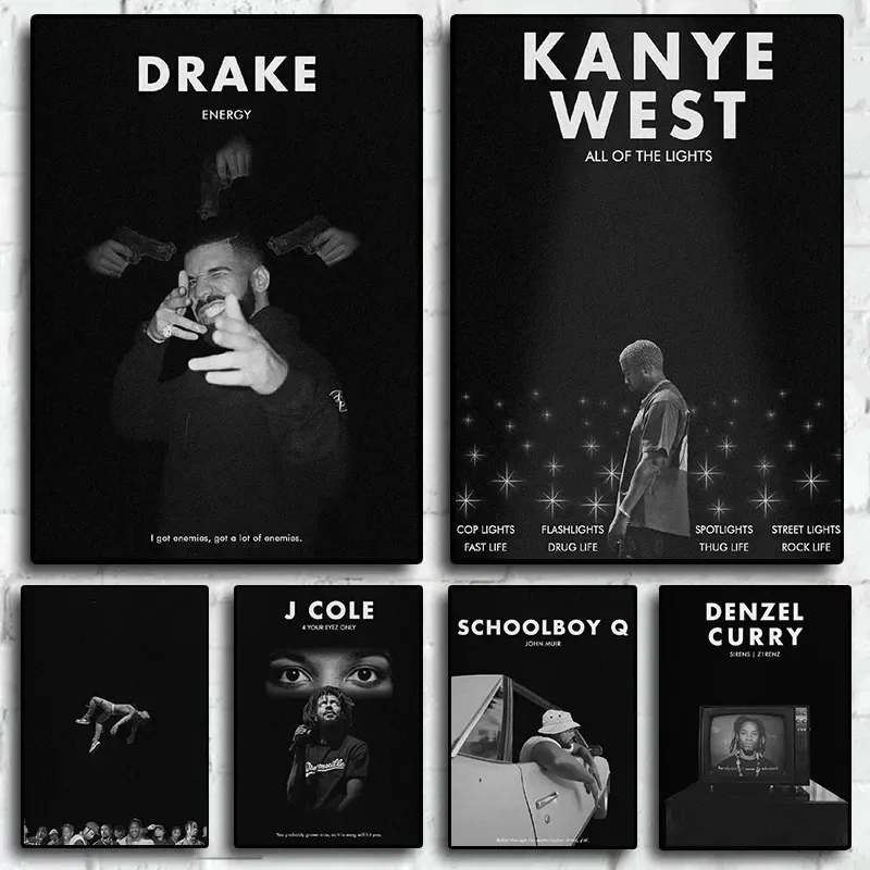 Pop Hip Hop Rapper Kanye West Drake J.Cole Posters for Room Black & White Aesthetics Art Home Wall Decor Canvas Painting Picture