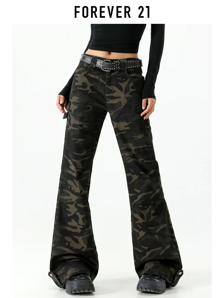 Pantalones Vaqueros de Camuflaje de Cintura Baja Estilo Americano Forever 21, Pantalones Acampanados de Mezclilla Ajustados para Mujer, Primavera