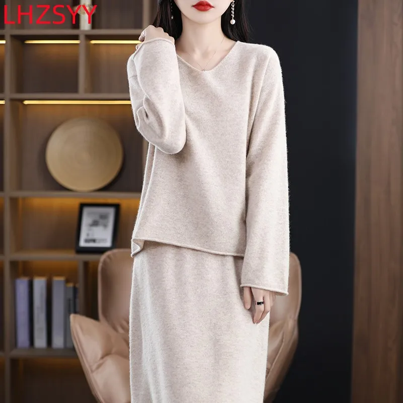 LHZSYY Fashion Women\' V-Neck Two Piece Dress 100%Pure Wool Pullovers Knit Half Skirt Spring New Large Size Cashmere Suit Sweater