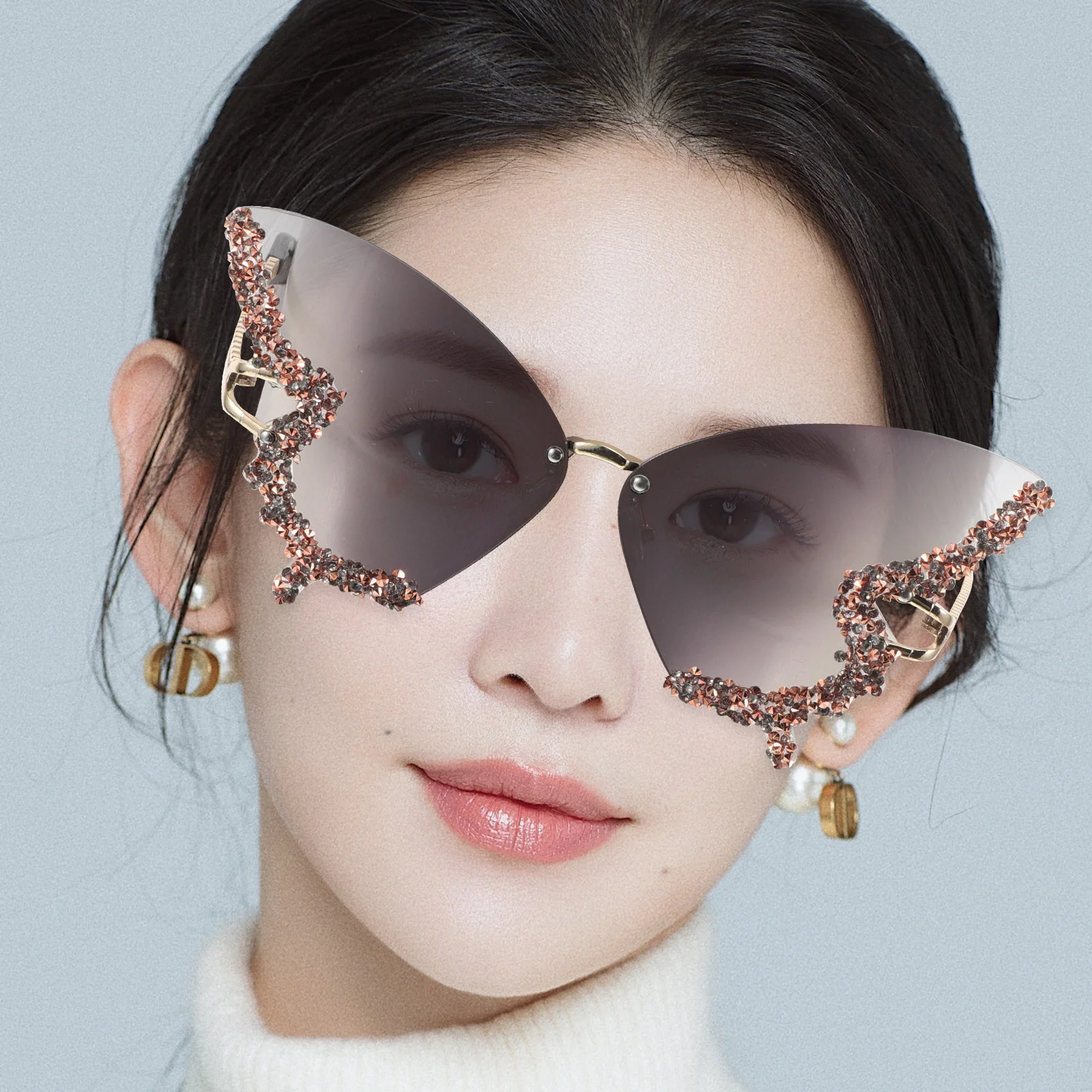 Gafas de sol sin montura de mariposa con acento de diamante, gafas clásicas con bloqueo UV, gafas de moda para mujer, fiesta de Festival