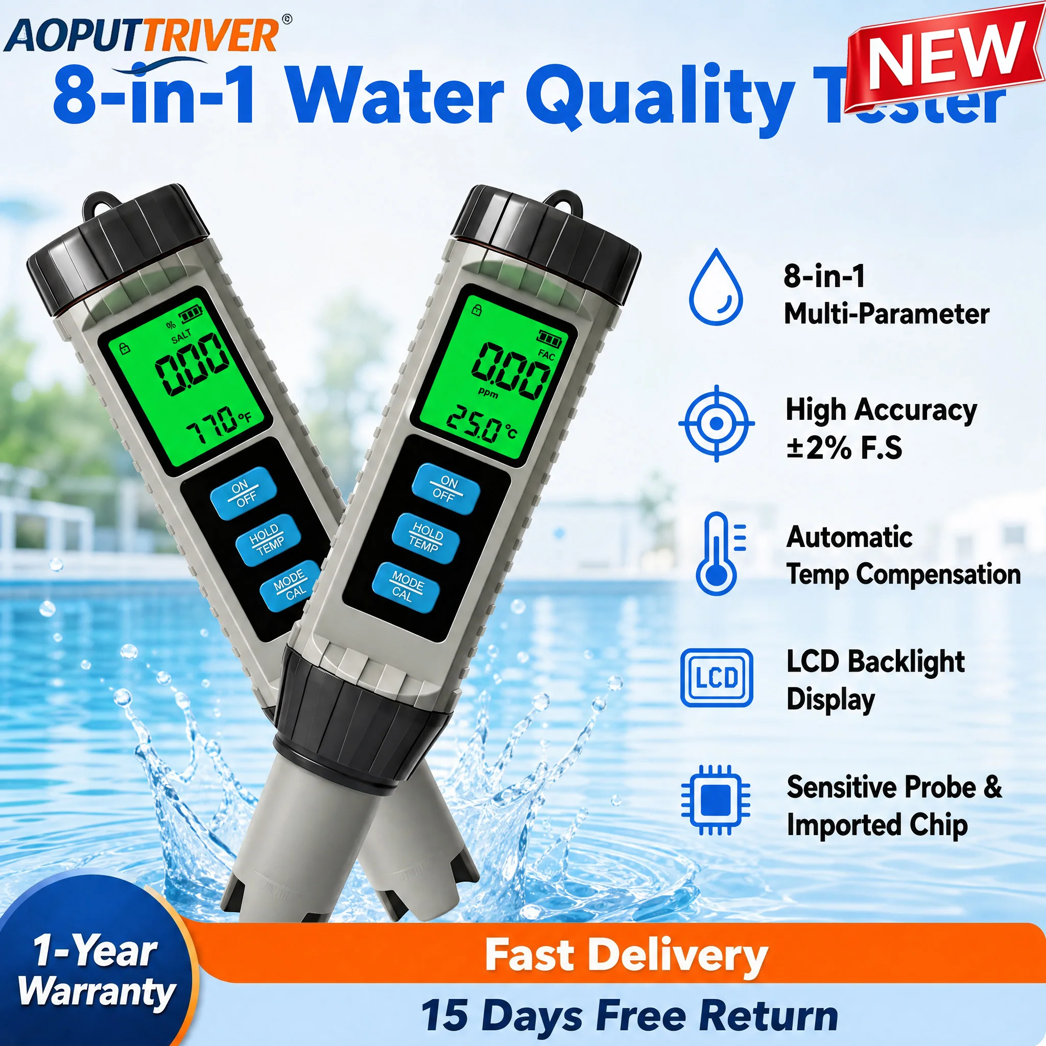 Water Quality Tester 8 in 1 TDS EC Salinity Salinity% ORP Chlorine S.G. Temperature Digital Pen Portable Multiparameter Meter