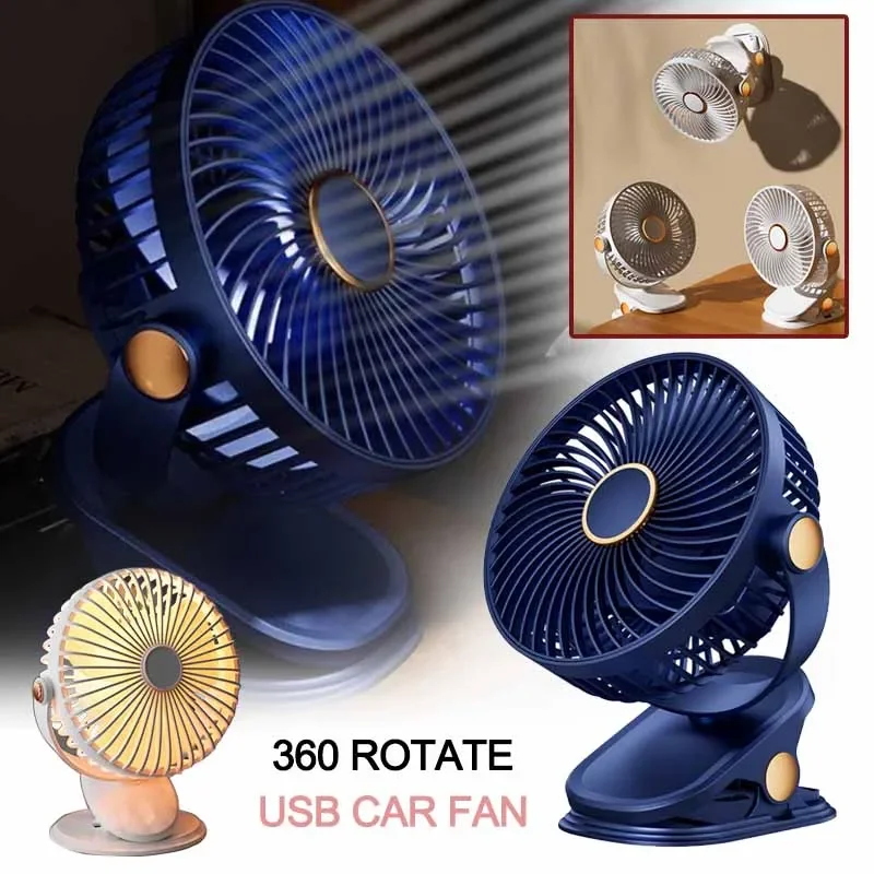 Portable Car Fan 360 Rotate Speeds Desk  USB LED Night Light with Clip  Small Desk   Outdoor Camping Fan Car Accessories