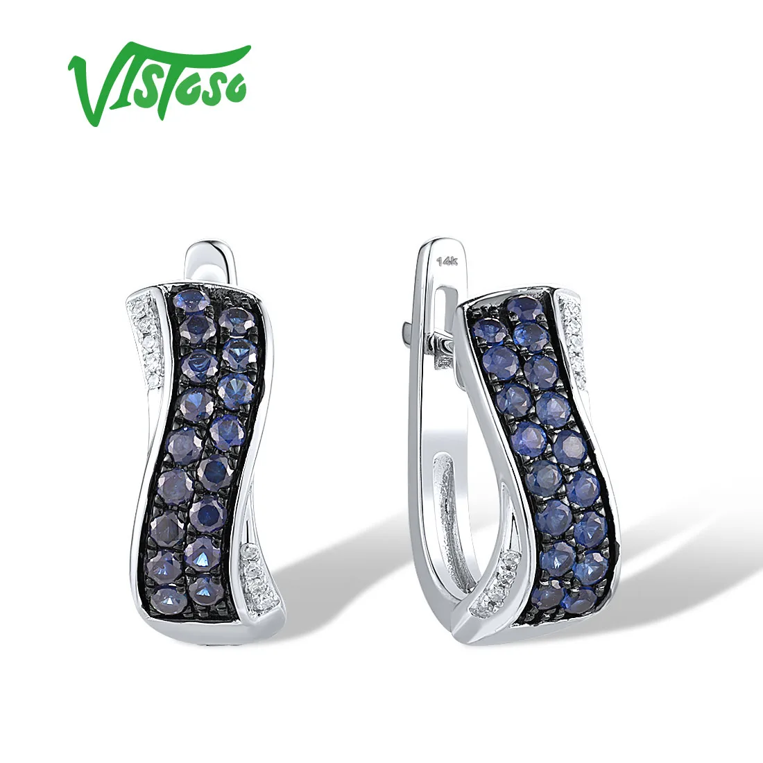 VISTOSO Real 14K 585 White Gold Clip Earrings For Women Sparkling Diamond Blue Sapphire Elegant Wedding Anniversary Fine Jewelry