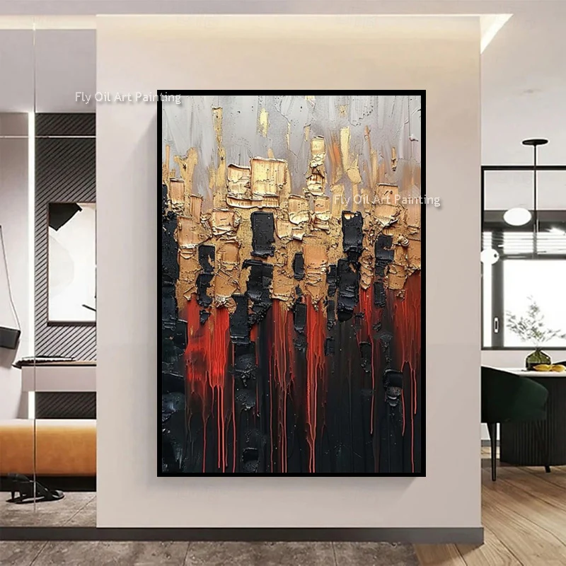Popular Design Black Beige Simplism Canvas Artwork Original Abstract Golden Yellow Red Abstract Oil Painting For Wall Decor