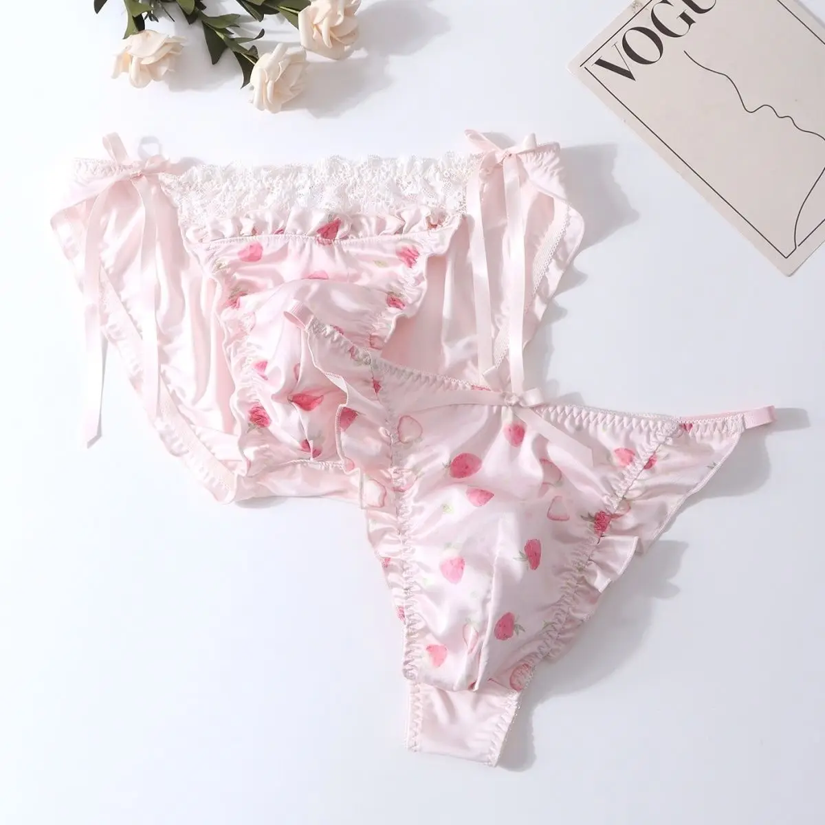 Men's Lace Up Satin Strawberry Graphic Briefs Sissy Sweet Lace Bow Thong Private Party BF Sexy Panty Japanese Style