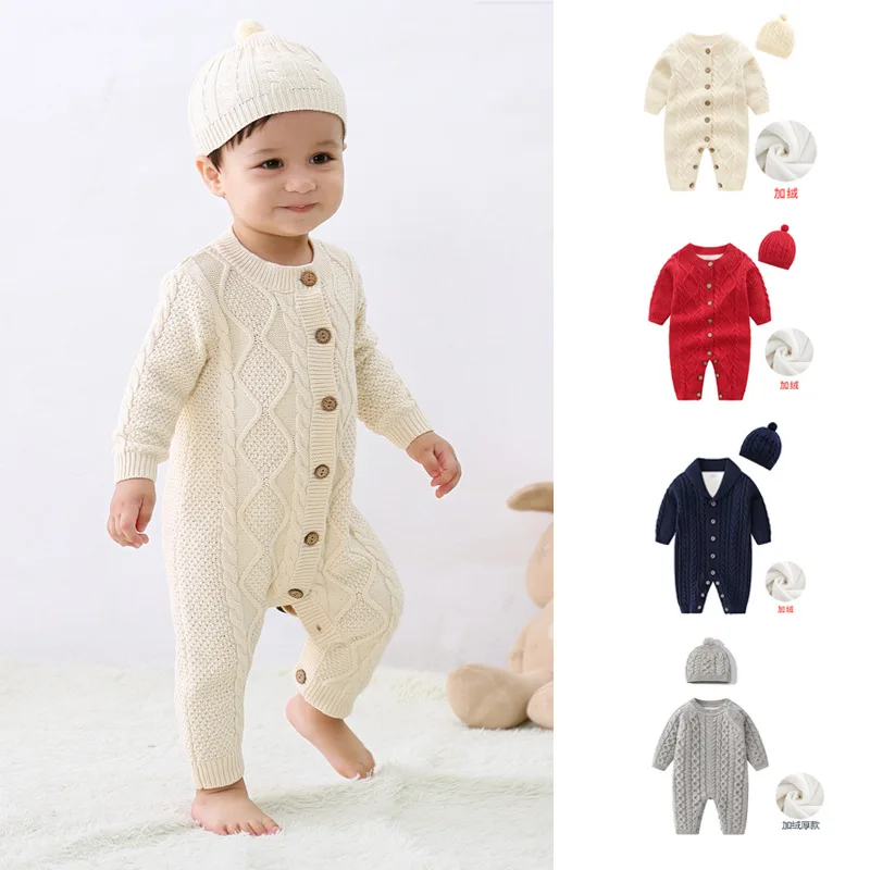 

2025 Winter Baby Bodysuit Knitted Fleece Lining Long Sleeve Romper for Newborn 0-24 Months Warm One-Piece Snowsuit Birthday Gift
