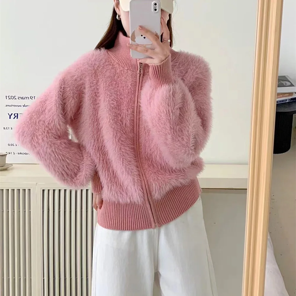 Casual Solid Women Knitted Sweater 2024 New Spring Autumn Korean Style Stand Collar Plush Warm Cardigan Versatile Outwear