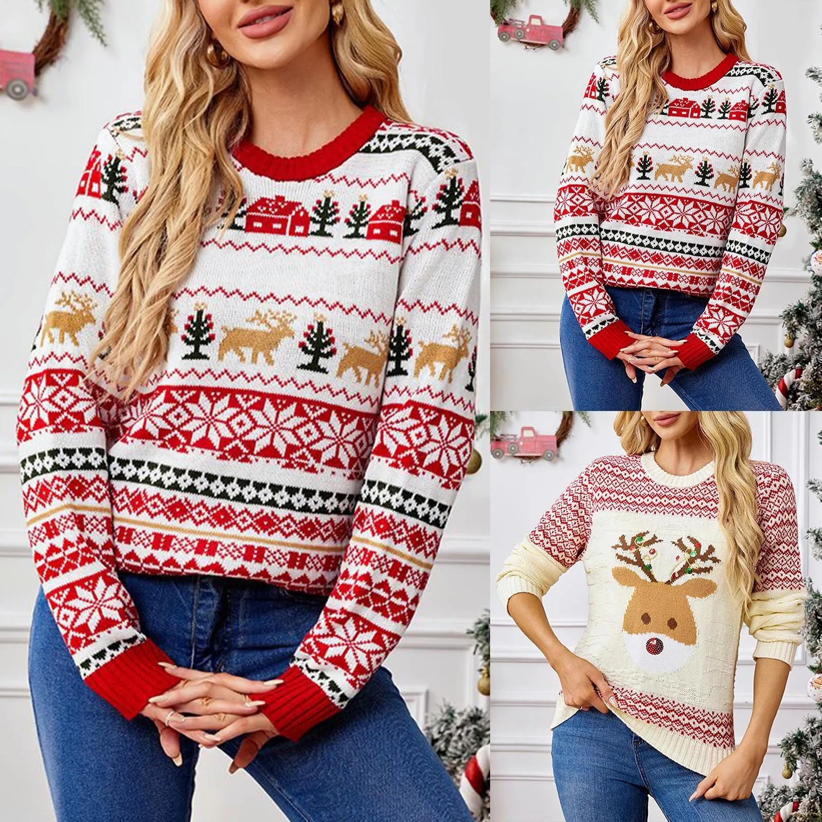 

Christmas Knitted Women's Sweater Red Deer Embroidery Cute Round Neck Loose Warm Fashion Sweater 2024 Autumn/Winter New Product