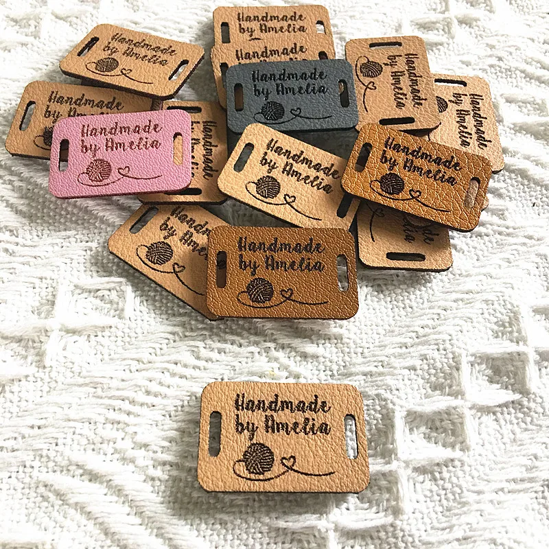 30pcs Handmade labels for Knitting crochet Personalised leather tags with text logo Sew in clothes hats label handcraft items